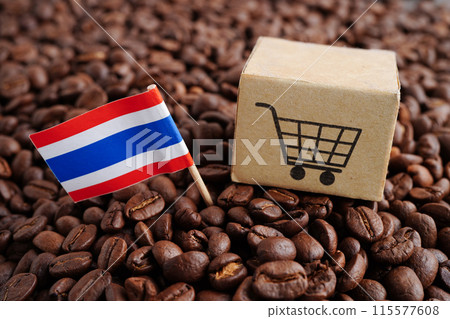 Thailand flag on coffee beans, shopping online for export or import food product. 115577608