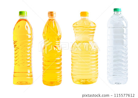 Vegetable oil and water plastic bottle isolated on white background, organic healthy food for cooking. 115577612