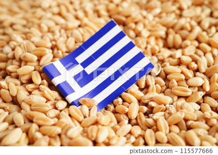 Greece flag on grain wheat, trade export and economy concept. 115577666