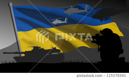 Ukraine prepares for war, the silhouette of a war zone with the large flag of the country in the background 115578591
