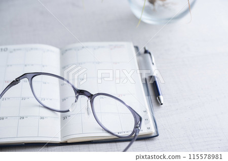 Schedule book and glasses 115578981