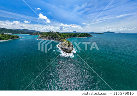 Amazing Panorama view seashore and mountains, Aerial view of Tropical sea in the beautiful Phuket island Thailand, Travel and business tour website background concept 115579010