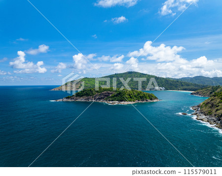 Amazing seascape view seashore and mountains, Aerial view of Tropical sea in the beautiful Phuket island Thailand, Travel and business tour website background concept 115579011