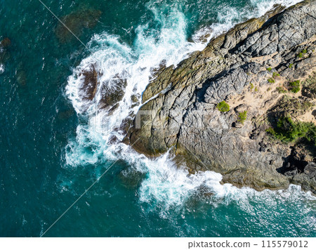 Amazing seascape view seashore and mountains, Aerial view of Tropical sea in the beautiful Phuket island Thailand, Travel and business tour website background concept 115579012