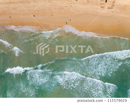 Aerial view sandy beach and big waves crashing on sandy shore, Beautiful tropical sea in the morning summer season image by Aerial view drone shot, high angle view Top down Aerial view sandy beach and big waves crashing on sandy shore, Beautiful tropical sea in the morning summer season image by Aerial view drone shot, high angle view Top down 115579029