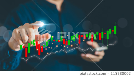 Businessman using mobile while finger touch stock market diagrams, hologram with lines Businessman using mobile while finger touch stock market diagrams, hologram with lines 115580002