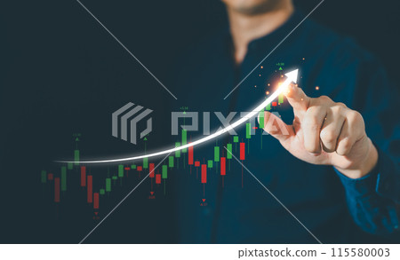 Businessman pointing arrow graph and candlesticks chart, corporate growth plan 115580003