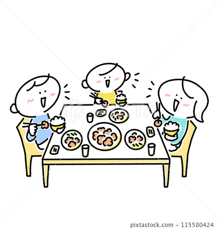Family of three eating with smiles, son, family, meal, dining table Family of three eating with smiles, son, family, meal, dining table 115580424