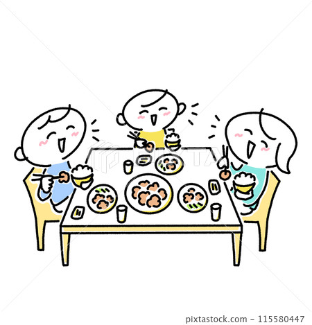 Family of three eating with smiles, son, family, meal, dining table 115580447