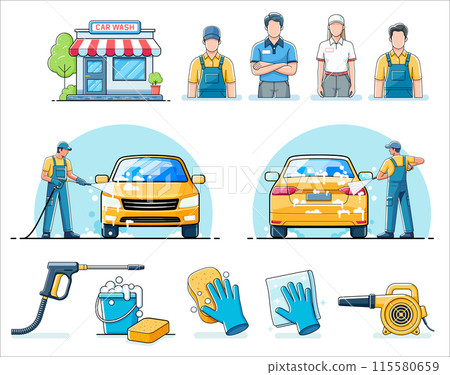 Car washing service color icon set Car washing service color icon set 115580659