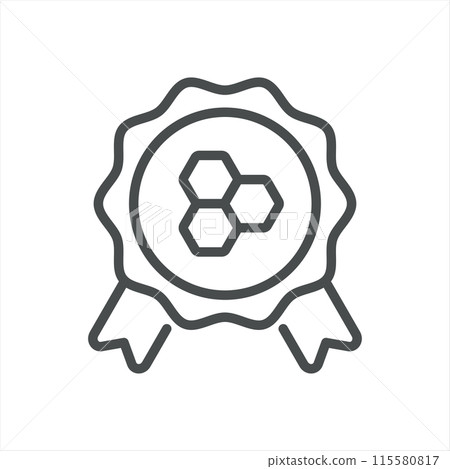 Honey Emblem Icon. Simple Line Illustration of a Quality Badge with Honeycomb Pattern, Symbolizing Certified Honey Quality. Vector Symbol on White Background. 115580817
