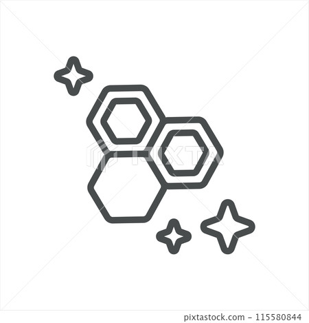 Pure Honey Combs Icon. Simple Line Illustration of Honeycombs with Sparkles, Symbolizing Freshness and Quality. Vector Symbol on White Background. Pure Honey Combs Icon. Simple Line Illustration of Honeycombs with Sparkles, Symbolizing Freshness and Quality. Vector Symbol on White Background. 115580844