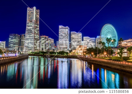 Night view of Minato Mirai and Kishamichi from Bankokubashi Bridge in Yokohama Night view of Minato Mirai and Kishamichi from Bankokubashi Bridge in Yokohama 115580856