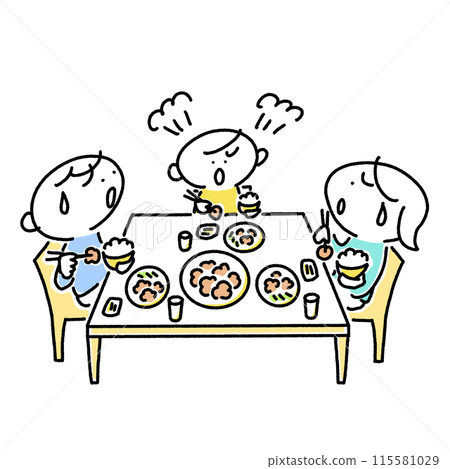 生氣的孩子和困惑的父母在吃飯時、禁忌期、不喜歡、喜歡和不喜歡 115581029