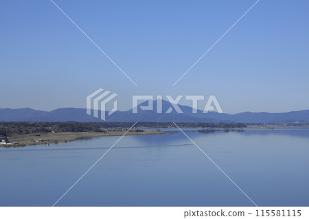 Mount Tsukuba seen across Lake Kasumigaura from the observation deck of the 60m-tall Rainbow Tower, built on the shores of Lake Kasumigaura in Namegata City, Ibaraki Prefecture. 115581115