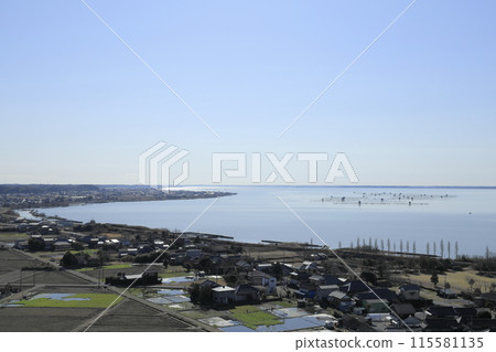 Lake Kasumigaura to the south, as seen from the observation deck of the 60m-tall Rainbow Tower, built on the shores of Lake Kasumigaura in Namegata City, Ibaraki Prefecture 115581135