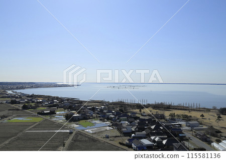 Lake Kasumigaura to the south, as seen from the observation deck of the 60m-tall Rainbow Tower, built on the shores of Lake Kasumigaura in Namegata City, Ibaraki Prefecture 115581136