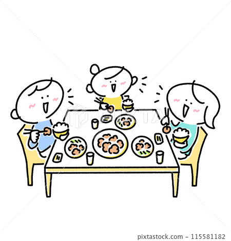 Family of three eating with smiles, daughter, family, meal, dining table 115581182