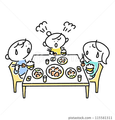 生氣的孩子和困惑的父母在吃飯時、禁忌期、不喜歡、喜歡和不喜歡 115581311