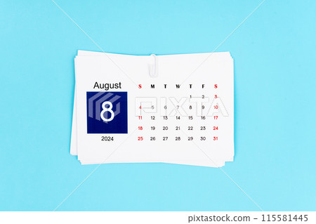 August Calendar 2024 page on blue background. August Calendar 2024 page on blue background. 115581445