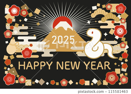 2025 New Year's card illustration of a snake and Mt. Fuji, landscape 115581463