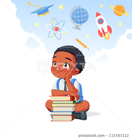 African American school boy dreaming of a career in science. Cartoon vector illustration. African American school boy dreaming of a career in science. Cartoon vector illustration. 115581522