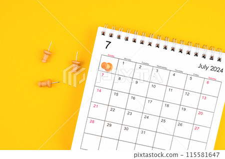 July 2024 Monthly desk calendar for 2024 year with wooden pin. 115581647