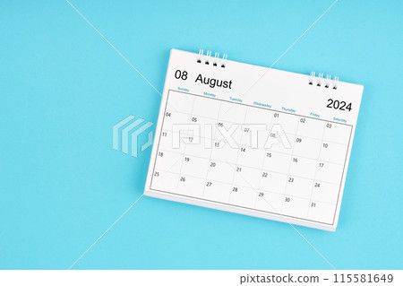 August 2024, Monthly desk calendar for 2024 year on blue background. 115581649
