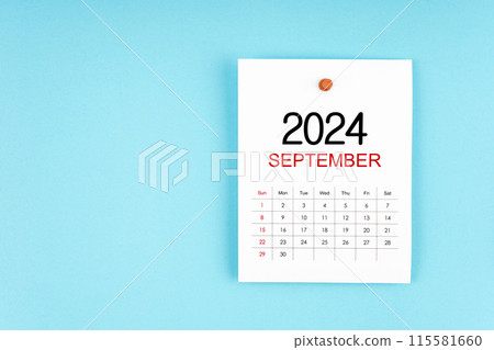 September 2024 calendar page with push pin on blue background. September 2024 calendar page with push pin on blue background. 115581660