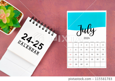 July 2024 calendar page with plant pot on red background. July 2024 calendar page with plant pot on red background. 115581783