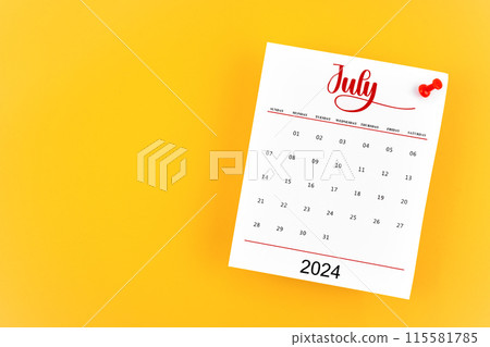Jul 2024 calendar page with red push pin on yellow background. Jul 2024 calendar page with red push pin on yellow background. 115581785