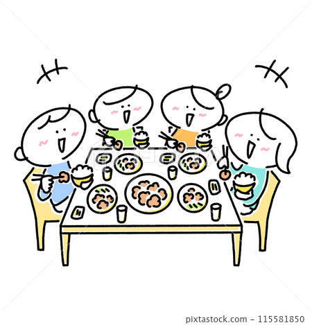 A family of four eating with smiles, family time, meal, dining table A family of four eating with smiles, family time, meal, dining table 115581850
