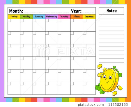 Blank calendar template for one month without dates. Colorful design with a cute character. Vector illustration. 115582163