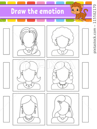 Draw the emotion. Worksheet complete the face. Coloring book for kids. Cheerful character. Vector illustration. Black contour silhouette. Vector illustration. Draw the emotion. Worksheet complete the face. Coloring book for kids. Cheerful character. Vector illustration. Black contour silhouette. Vector illustration. 115582170