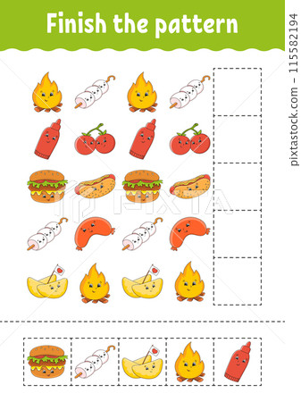 Finish the pattern. Cut and play. Education developing worksheet. Activity page. cartoon character. Vector illustration. 115582194