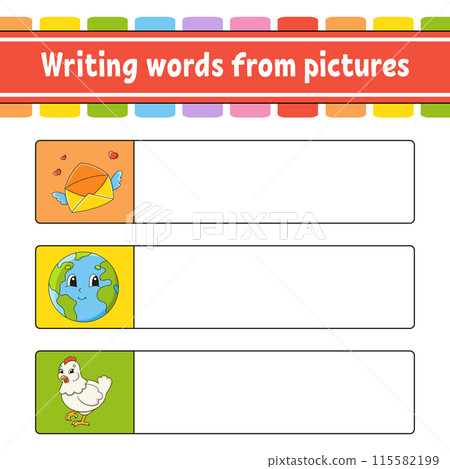 Writing words from pictures. Education developing worksheet. Activity page for kids. Puzzle for children. cartoon characters. Vector illustration. 115582199