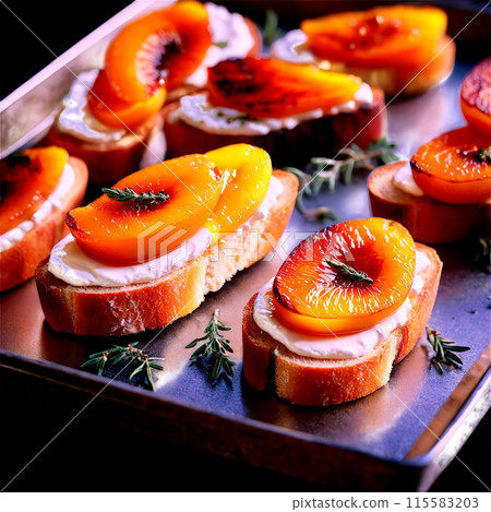 Grilled apricot and mascarpone crostini with grilled apricots mascarpone cheese honey and thyme on a 115583203