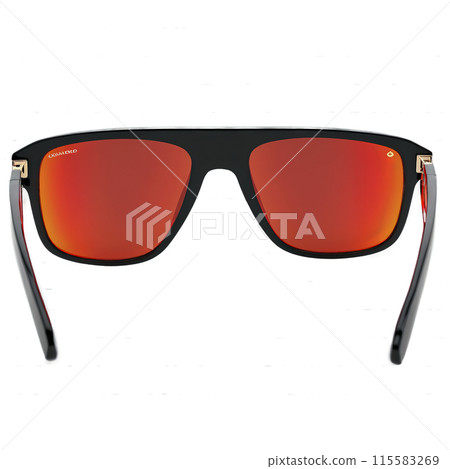 Oversized sunglasses with black acetate frames and red mirrored lenses creating a dramatic and eye 115583269