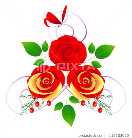 Bouquet of red roses with a butterfly on a white background. 115583630