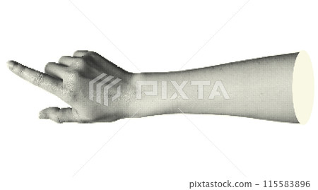 Collage halftone elements with pointing hands and doodle buttons. Fingers gesture touch, click, tap. Cut out shapes. Modern vintage trendy design object isolated on white. Vector illustration. 115583896