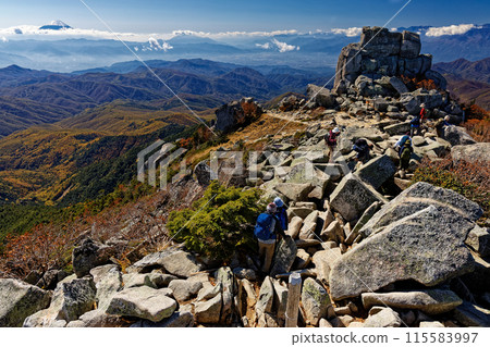 Gojo Stone on the summit of Mt. Kinpu and a view of Mt. Fuji 115583997