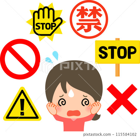 A woman holding her head surrounded by prohibition signs 115584102