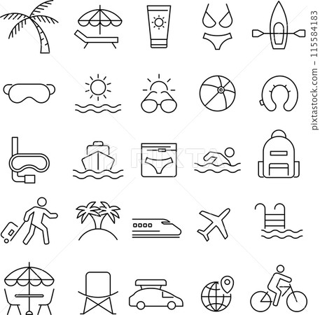 Set of monochrome vacation icons in vector 115584183