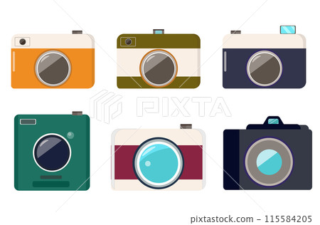 Camera icon set, SLR camera, digital camera, instant camera, mirrorless camera, film 115584205
