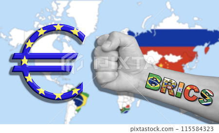 Russia blocks exchanges in euros, BRICS against the European euro, the background a blurred map of the BRICS countries 115584323