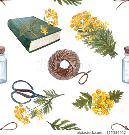 Blue tansy flowers, scissors, jute rope, book seamless pattern isolated on white. Hand painted in watercolor. High quality art great for wrapping paper, packages, herbal production and textile 115584912