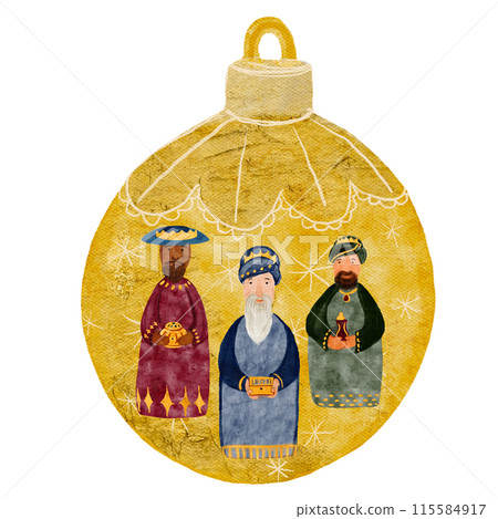 Christmas yellow tree ball with magi nativity scene isolated on white in watercolor. Illustration for textile, wrapping paper, cards, Christmas, new year, invitations, stickers, posters, totes design Christmas yellow tree ball with magi nativity scene isolated on white in watercolor. Illustration for textile, wrapping paper, cards, Christmas, new year, invitations, stickers, posters, totes design 115584917