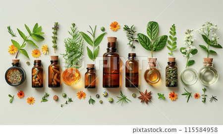 Eco friendly pure skin care organic product. Beauty treatment, spa bath concept. Cosmetic products with natural ingredients. Glass bottles with herbal essence extract on wooden background. Eco friendly pure skin care organic product. Beauty treatment, spa bath concept. Cosmetic products with natural ingredients. Glass bottles with herbal essence extract on wooden background. 115584958