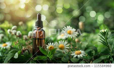 Eco friendly pure skin care organic product. Beauty treatment, spa bath concept. Cosmetic products with natural ingredients. Glass bottles with herbal essence extract on wooden background. 115584960