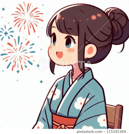 A woman in a yukata looking at fireworks 115585369
